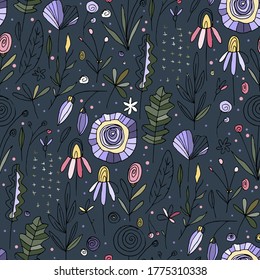 El doodle de camomila floral es un patrón vectorial sin fisuras. Fondo de verano dibujado a mano con la naturaleza dibujada a mano ilustración abstracta sobre un fondo azul.
