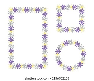 Floral chamomile frame outline set. Hand drawn decorative daisy borders, outline strokes, circle, square, rectangle shapes. Editable flowers. Vector