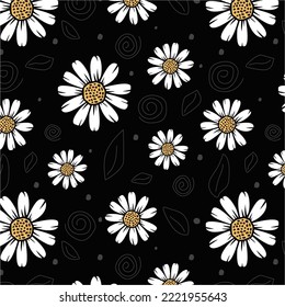 Floral chamomile pattern in trendy boho style on a black background. Abstract hippie botanical retro pattern in 70s style. Contemporary design for wrapping paper, covers and fabric.