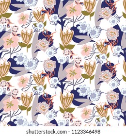 Floral chaotic garden seamless vector pattern. Collage texture flowers.
