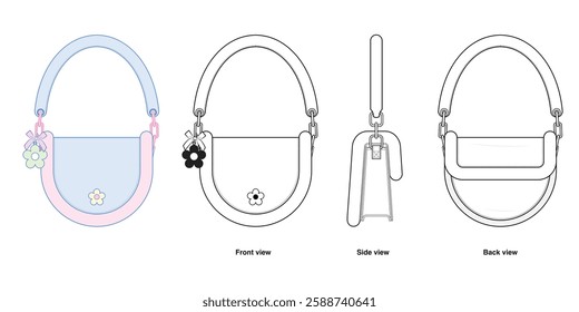 Floral Charm Crescent Shoulder Bag Technical Fashion Illustration. Half-Moon Purse Vector Template. Front, Side, and Back View. Elegant, Cute Design. Flap Closure. Women’s Accessories. CAD Mockup Set.