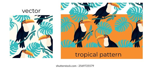 Floral charming background with toucans, monstera tropical leaves. Vector seamless pattern for design, fabric, wallpaper.