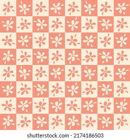 Floral checked plaids in orange and cream colors. flower seamless pastel backgrounds, checkered tablecloth, vector design for decorating, fabric, wrapping, dress, textile, baby, childish.