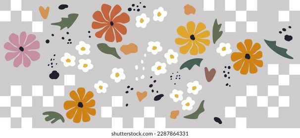 Floral and checkered seamless pattern in boho style, 70s hippie fantasy palette. Banner. Trendy print for fabric, wallpaper, scrapbooking, gift, packaging, poster, postcard.