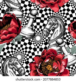 Floral and checkered seamless pattern. Red Peony flowers and leaves with the Knight Chess figure and pawn on a chessboard  background. Textile composition, hand drawn style print. Vector illustration.