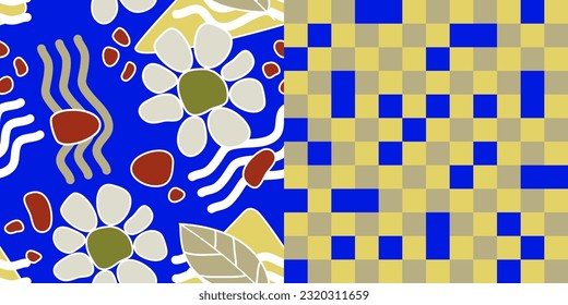 Floral and checkered seamless patterns with stylized flowers and checks created in colors and shapes that complement each other. For textile print, wrapping paper, gift paper, cover. Vector.