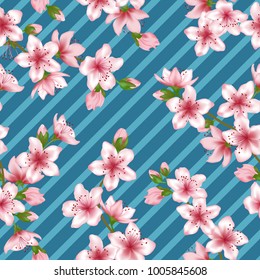 Floral cherry blossom patter with geometric seamless vector background. Soft sakura branch textile, apricot blossom fabric, japanese cherry spring flowering trees textile vector pattern.