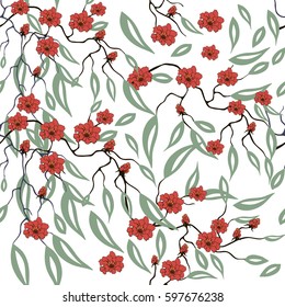 Floral cherry blossom seamless pattern. Vector red spring flowers and branches background.