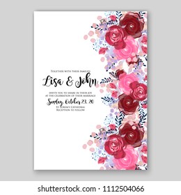 Floral cherry red pink magenta rose peony anemone wedding invitation vector card template printable background