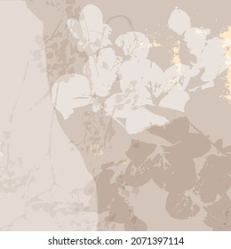 Blumenchischer Hintergrund mit zarten Blumen und botanischen Elementen und goldener Folie. Elegantes Muster für Schreibwaren, Hochzeit, Geburtstag, Grußkarte, speichern Sie das Datum, Web, Blog, soziale Medien