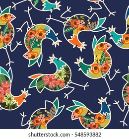 Floral Chicken Rooster Seamless Pattern. Wallpaper Background.