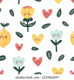 Floral children's Scandinavian vector pattern of smiling flowers, leaves and hearts on a white background. Elements in watercolor style for fans, prints, postcards, wrappers, textiles, decor, kids