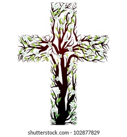 floral christian cross, tree shape  on a white background - vector illustration