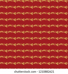 Floral Christmas background. Hand drawn Merry Christmas and Happy New Year doodle seamless pattern.  Festive gold and red winter seamless pattern. 