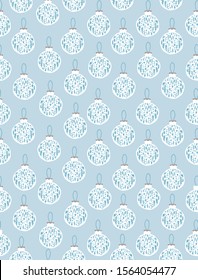 Floral Christmas Bauble Seamless Vector Patterns. Christmas Tree Decoration Print. White and Blue Baubles Isolated on a Light Blue Background.Simple Christmas Vector Design Ideal for Card, Decoration.