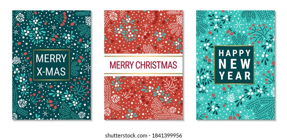 Floral Christmas colorful ornate greeting card template EPS 10 vector set. Elegant fir branches, cones, mistletoe leaves, red elderberry and rowan berry pattern background. 