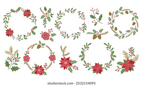 Floral Christmas decorative items. A set of 12 items that includes wtreaths, corners, and floral details. Perfect for seasonal decorative designs. Hand-drawn vector illustration.