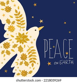 Floral Christmas dove with stars on a blue sky