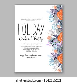 Floral Christmas Party invitation Winter wreath of rose fir pine branch Holiday vector background