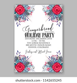 Floral Christmas Party invitation Winter wreath of rose fir pine branch Holiday vector background