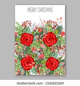 Floral Christmas Party invitation Winter wreath of rose fir pine branch Holiday vector background