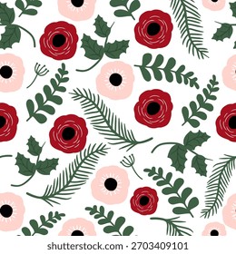 Patrón de Navidades florales con flores rojas y rosadas, hojas de acebo y ramas de pino en un diseño plano sin fisuras para fondos festivos y proyectos de impresión navideña.