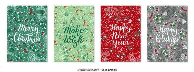 Floral Christmas red, green greeting card template vector set. Elegant spruce tree twigs, mistletoe leaves and berries, bunches of rowan pattern background. Hand-drawn Happy holidays lettering phrase