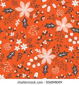 Floral Christmas seamless pattern on red background.