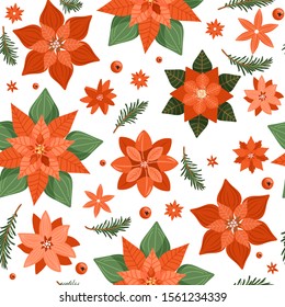 Floral Christmas seamless pattern with poinsettia, tree branch and various flowers. Texture for textile, postcard, wrapping paper etc. Vector illustration on white background.