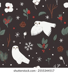 Floral Christmas traditional winter holiday seamless pattern. Winter berries, branches, leaves, holly leaf, birds, owl. Folk vector hand drawn scandinavian style on black background, night forest