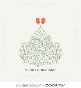 Floral Christmas tree with ribbon and border. All in group and separate layers. Vector.