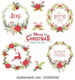 Floral Christmas Wreath Elements