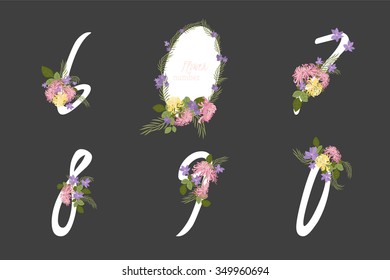Floral chrysanthemum collection numbers in vintage color. Six, seven, eight, nine, zero- signs vector
