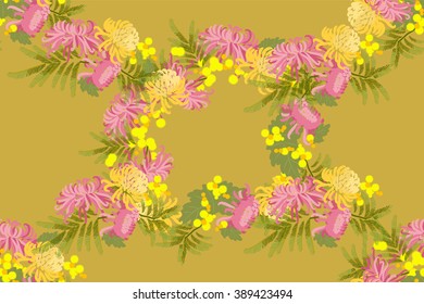 Floral chrysanthemum and mimosa flowers retro vintage background, vector illustration