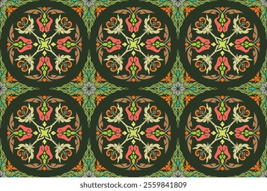 Floral circle arabesque pattern traditional Thai art in damask style motifs suitable for wallpaper, curtain, cloth, blanket, tile and fabric design isolated illustration vector EPS files.