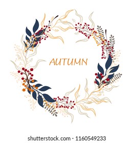 Floral circle background. Round autumn illustration with leaves, herbs and berries. White background.