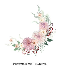 Floral circle background. Round autumn illustration with leaves, herbs, dahlia flowers and berries. Text in the middle. White background.