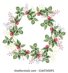 Floral circle background. Round autumn wild roses flowers and berries illustration. White background.