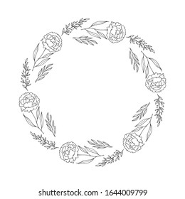 Floral circle carnation frame. Vector isolated spring flourish border. Rustic invitation wreath for wedding card. 
