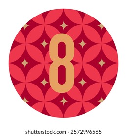 Floral Circle Design Featuring Gold Number 8 on Red Background with Star Details