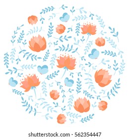 Floral circle with doodle cartoon vector floral elements, flowers, lotus and butterfly