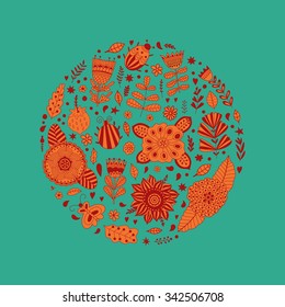 Floral circle with doodles flowers. Round shape emblem made of flowers. Doodles element. Valentines day card, herbs and flowers doodles.