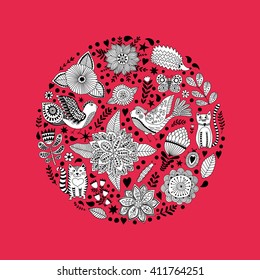 Floral circle with doodles flowers. Round shape emblem made of flowers. Doodles element. Valentines day card, herbs and flowers doodles