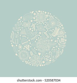Floral circle with doodles flowers. Round shape emblem made of flowers. Doodles element. Valentines day card, herbs and flowers doodles
