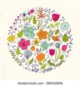 Floral circle with doodles flowers. Set of vector vintage floral elements. Decoration elements for design invitation, wedding cards, valentines day, greeting cards