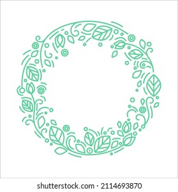 Floral circle flat frame for greeting card or label. Linear art design for seasonal spring, summer decoration, holiday promotion, cosmetics banner, eco organic label. Vector illustration
