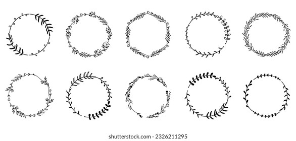 Floral circle frame collection. Set of black floral branch circle frame