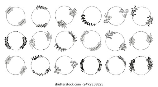 Floral circle frame collection. Set of black floral branch circle frame