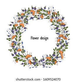 Floral circle frame of cute small flowers and berry. Blueberry, hand bell flowers design with text space on white for print, invitation, banner. Romantic decorative elements. Vector illustration.