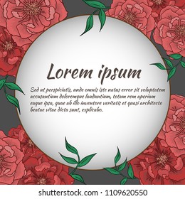 Floral circle frame decorated with red peonies for your design.